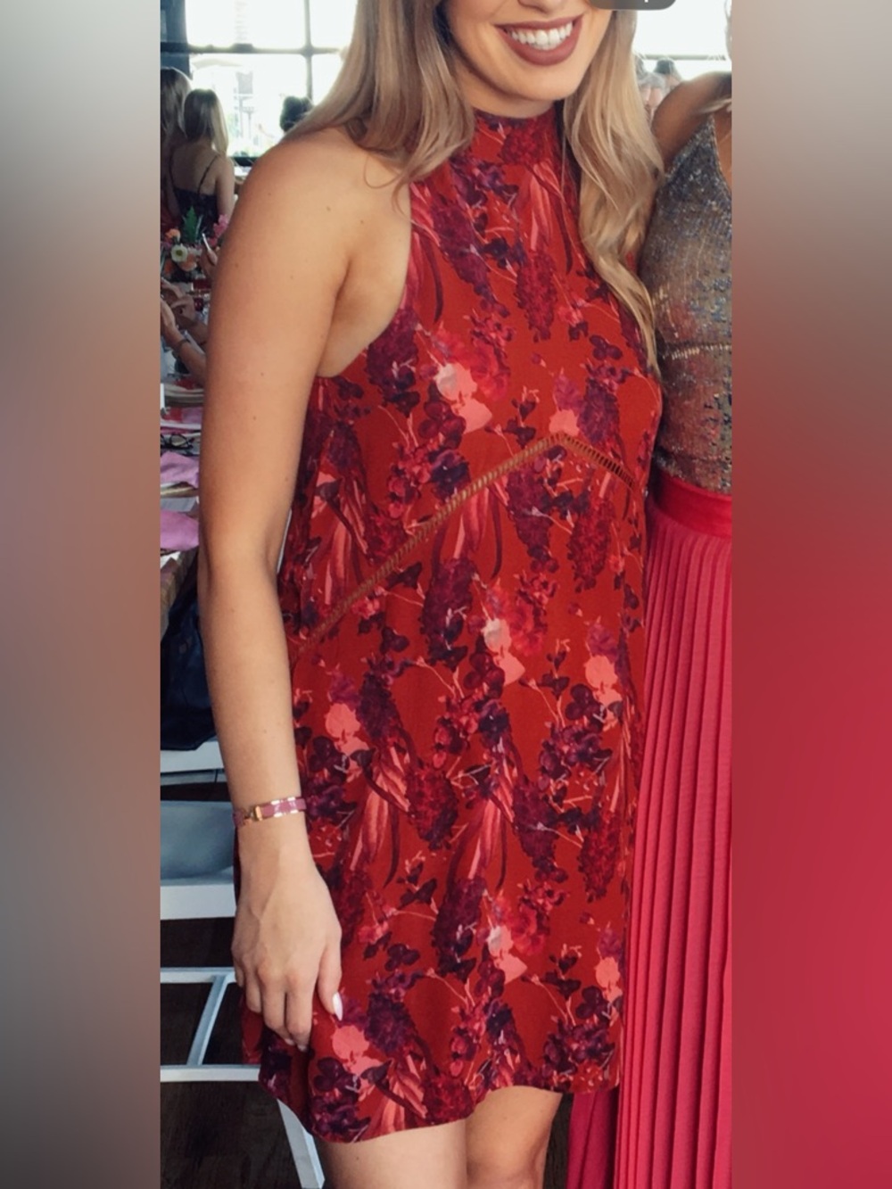 Beach Riot Floral Halter Mini Dress in Rust and Berry